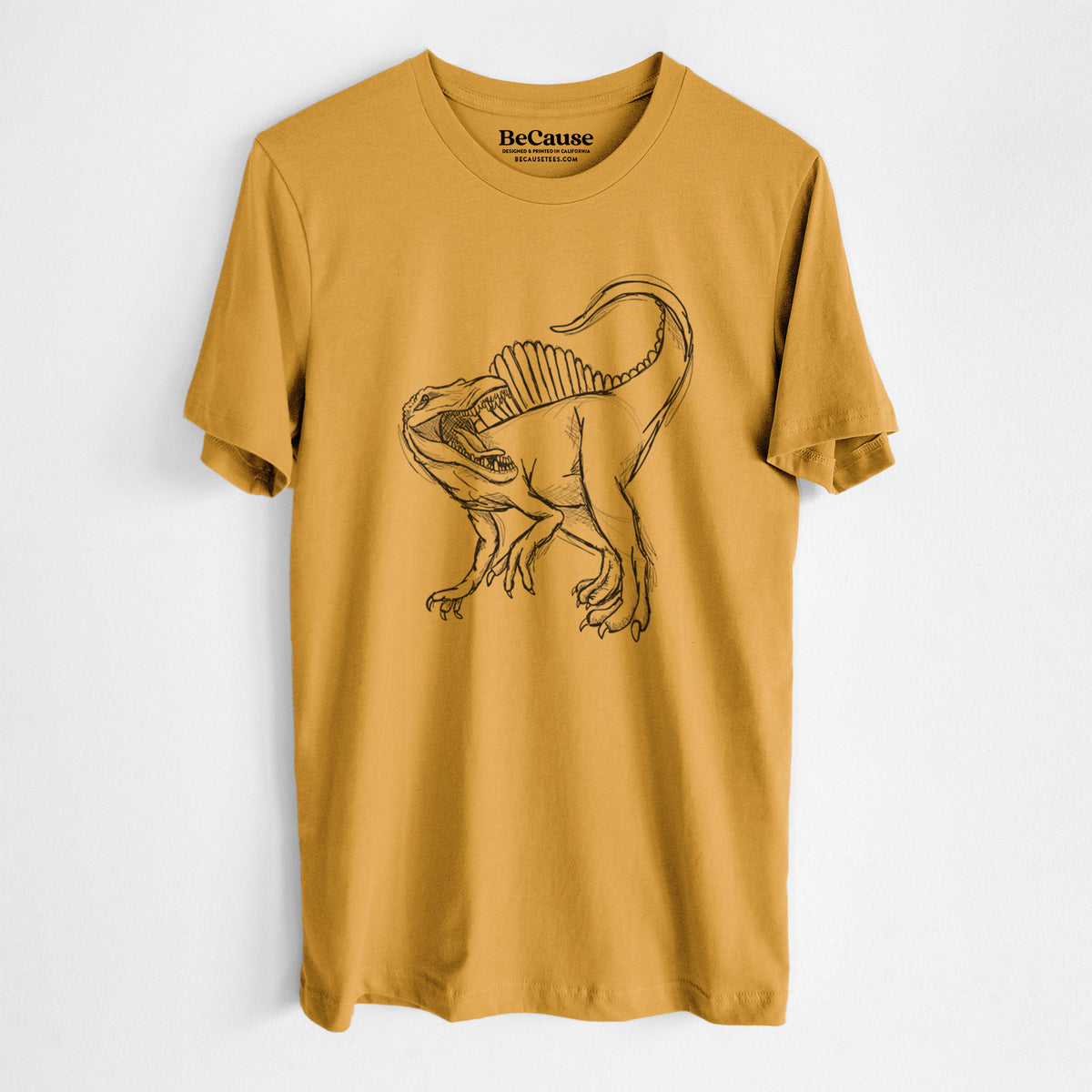 Mustard yellow lightweight cotton t-shirt laid flat, printed with a black ink illustration of a Spinosaurus with its tall sail-shaped back.