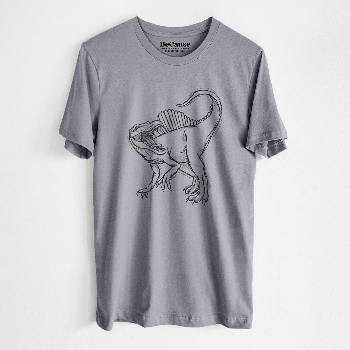 Storm grey lightweight cotton t-shirt laid flat, printed with a black ink illustration of a Spinosaurus with its tall sail-shaped back.