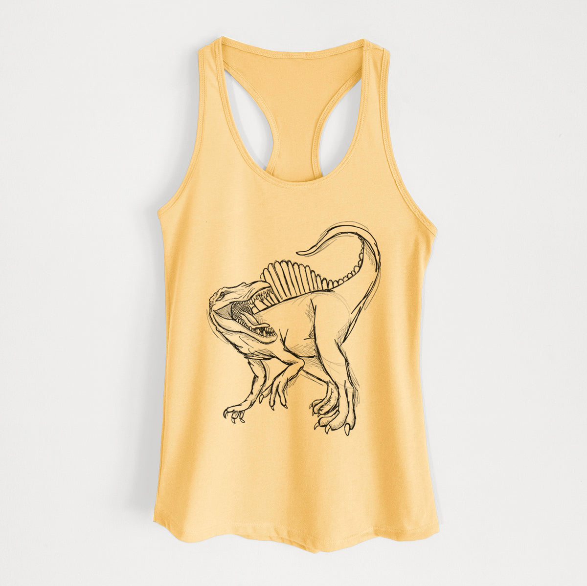 Banana cream women's racerback tank top laid flat, printed with a black ink illustration of a Spinosaurus with its tall sail-shaped back.