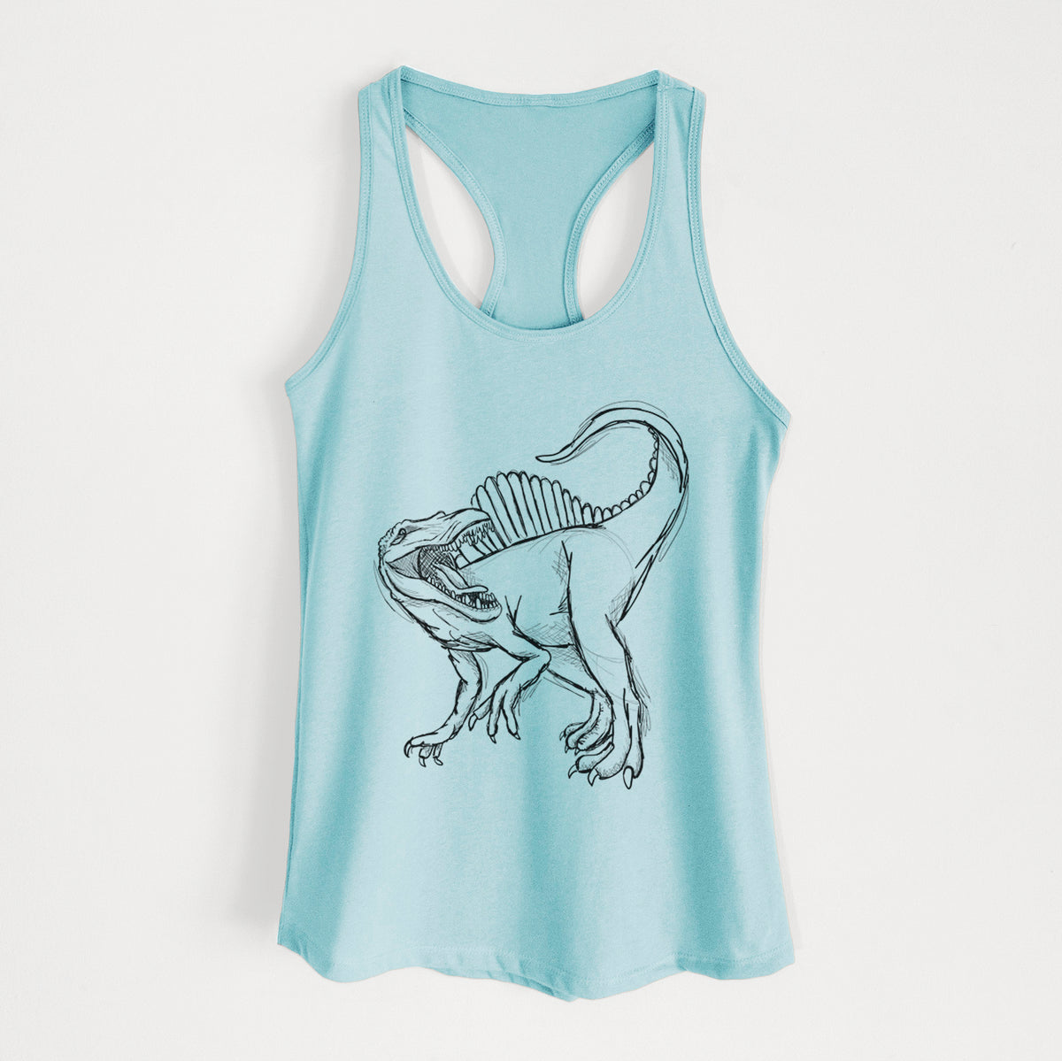Cancun blue women's racerback tank top laid flat, printed with a black ink illustration of a Spinosaurus with its tall sail-shaped back.