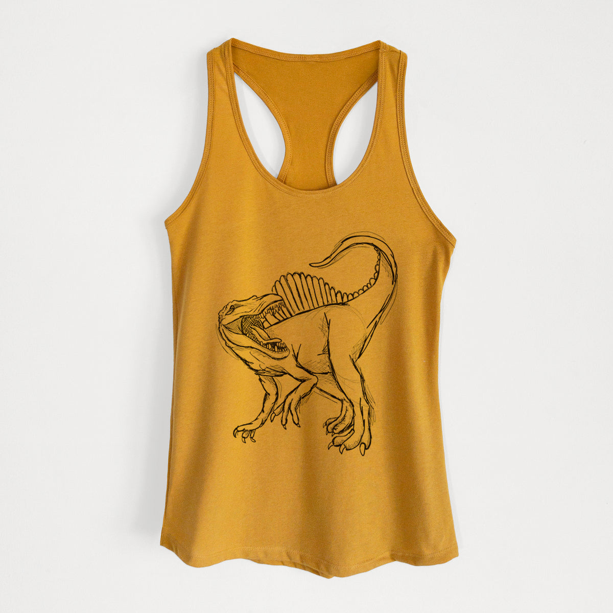 Gold women's racerback tank top laid flat, printed with a black ink illustration of a Spinosaurus with its tall sail-shaped back.