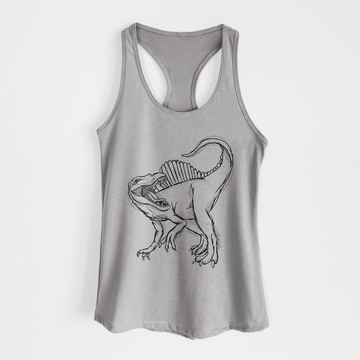 Heather grey women's racerback tank top laid flat, printed with a black ink illustration of a Spinosaurus with its tall sail-shaped back.