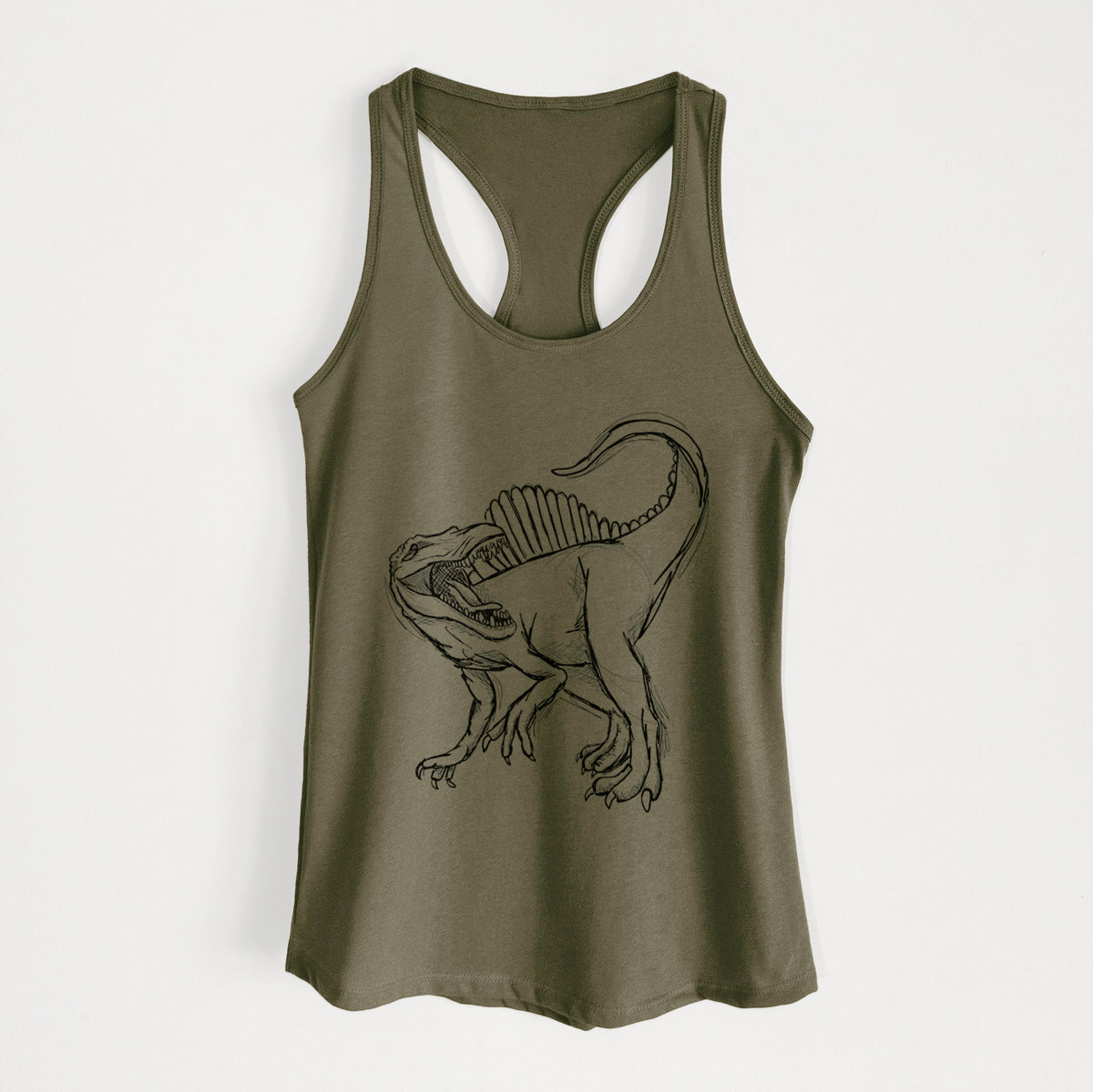Military green women's racerback tank top laid flat, printed with a black ink illustration of a Spinosaurus with its tall sail-shaped back.