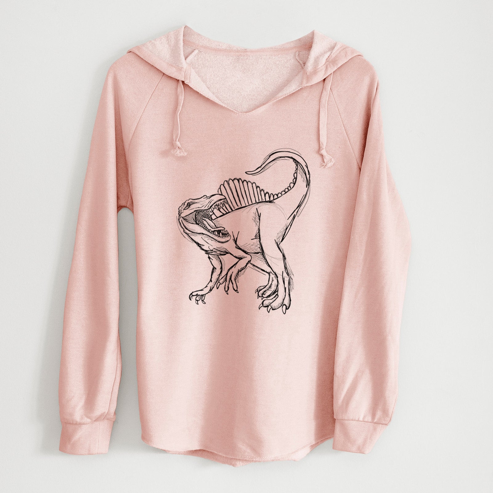 Sage green women's Cali Wave hooded sweatshirt laid flat, printed with a black ink illustration of a Spinosaurus with its tall sail-shaped back.