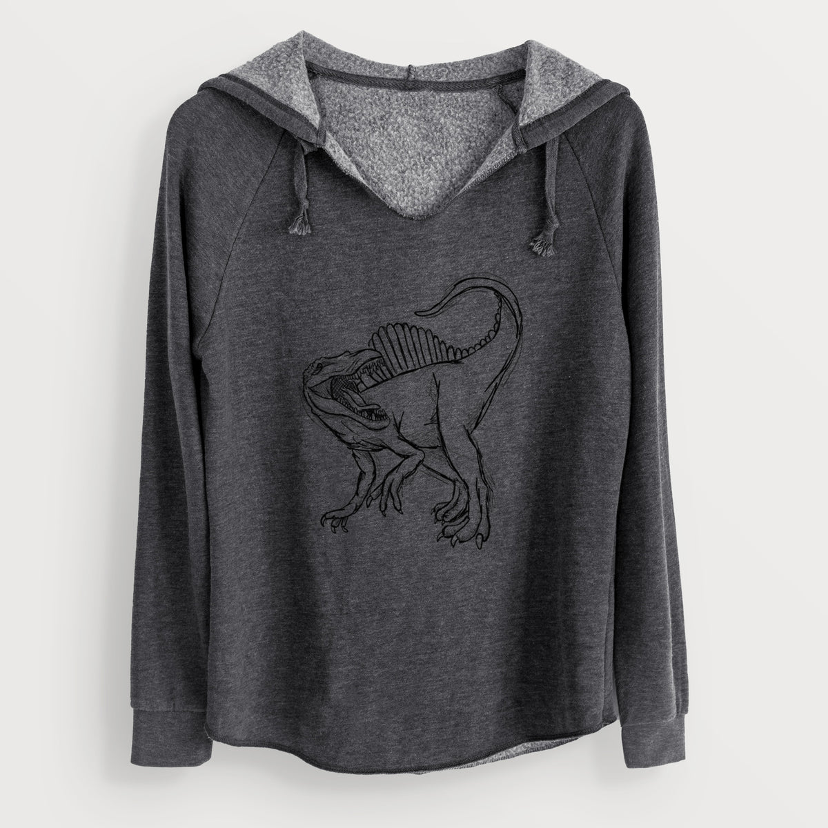 Charcoal grey women's Cali Wave hooded sweatshirt laid flat, printed with a black ink illustration of a Spinosaurus with its tall sail-shaped back.