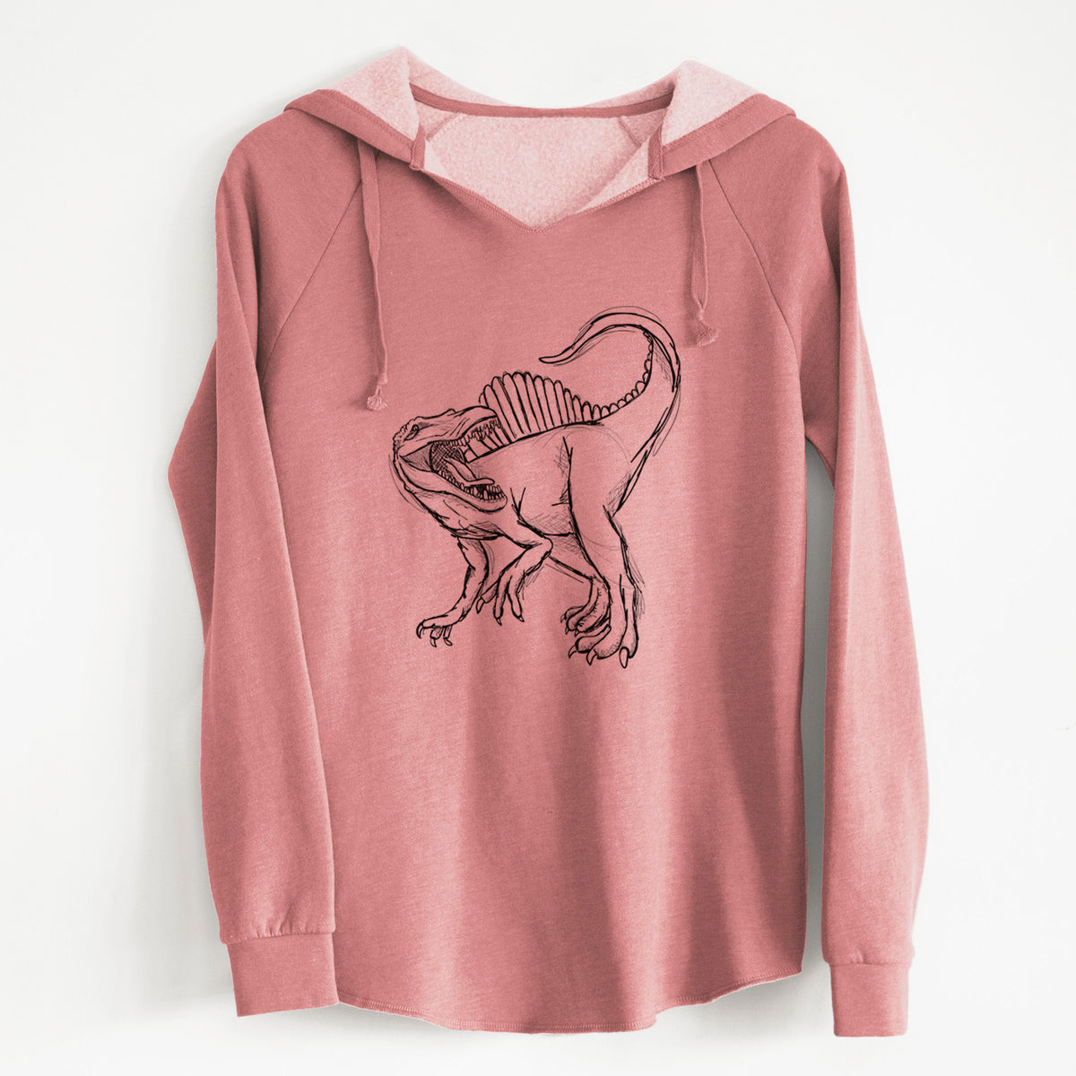 Dusty rose women's Cali Wave hooded sweatshirt laid flat, printed with a black ink illustration of a Spinosaurus with its tall sail-shaped back.