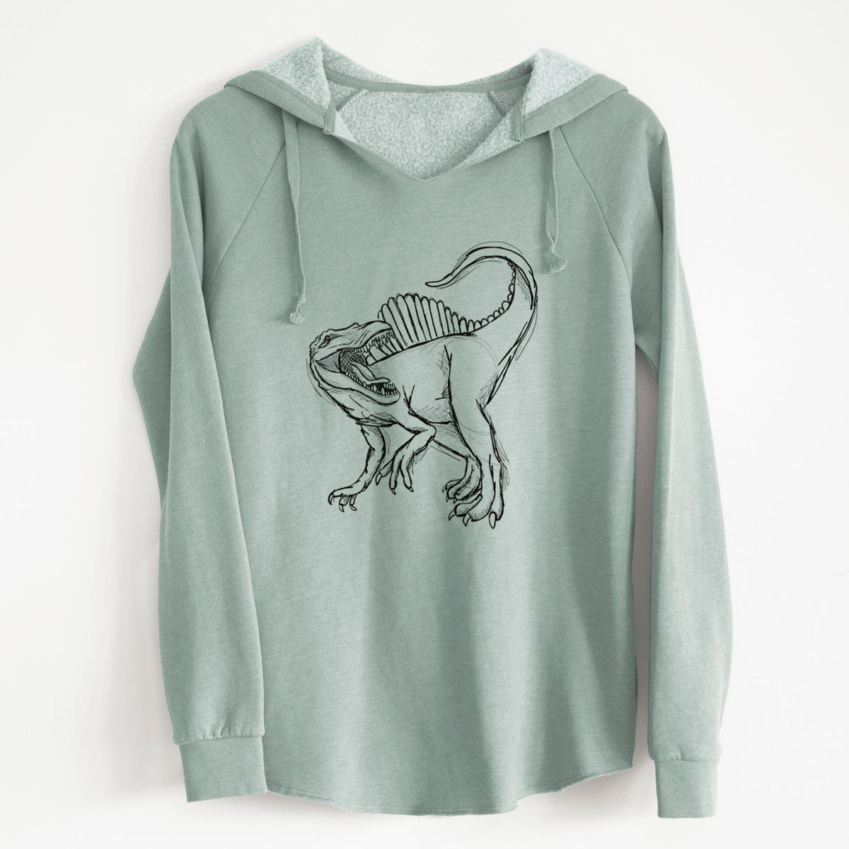 Sage green women's Cali Wave hooded sweatshirt laid flat, printed with a black ink illustration of a Spinosaurus with its tall sail-shaped back.