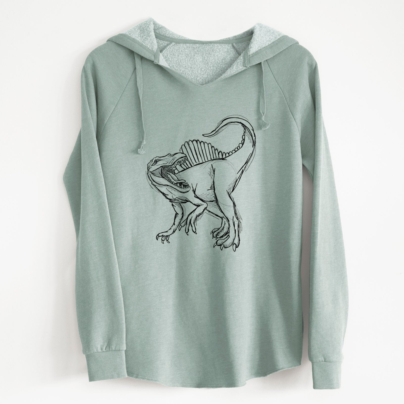 Sage green women's Cali Wave hooded sweatshirt laid flat, printed with a black ink illustration of a Spinosaurus with its tall sail-shaped back.