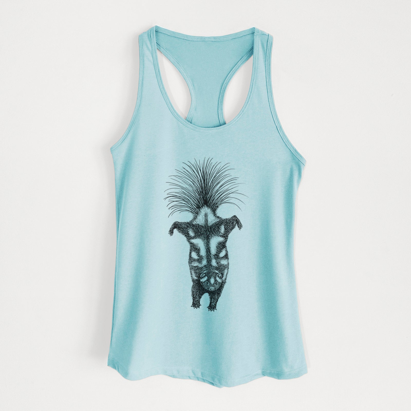 Banana cream women's racerback tank top laid flat, printed with a black ink illustration of a spotted skunk doing a handstand with its tail fanned.