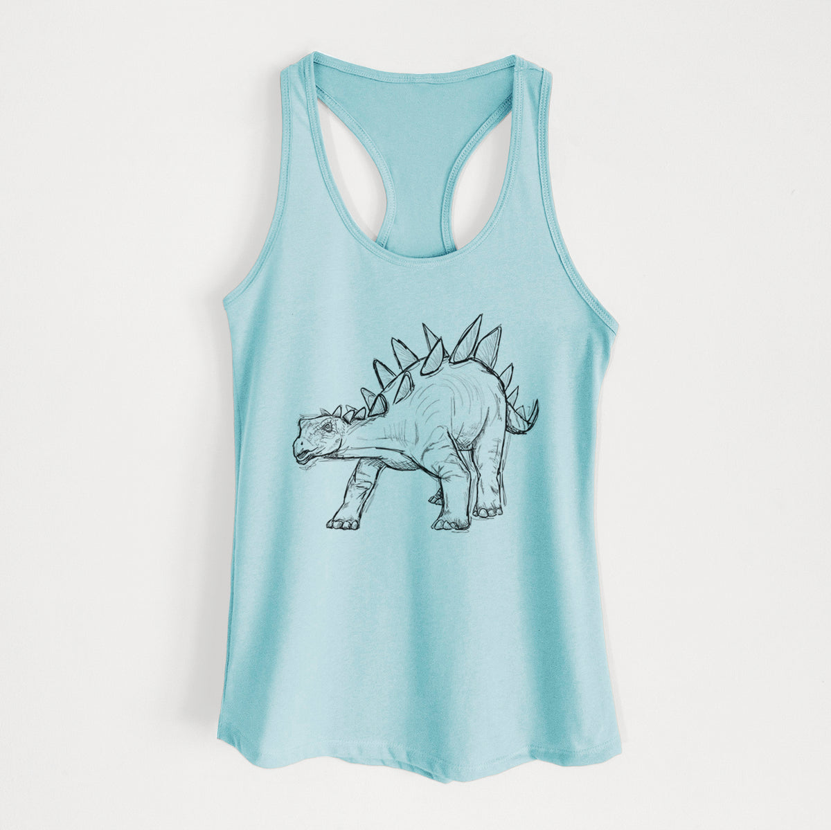 Cancun blue women's racerback tank top laid flat, printed with a black ink illustration of a Stegosaurus with plates along its back.