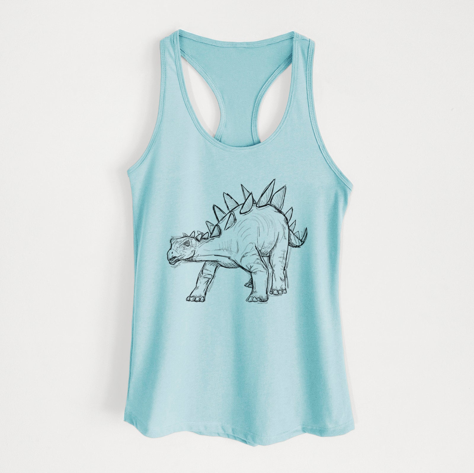 Banana cream women's racerback tank top laid flat, printed with a black ink illustration of a Stegosaurus with plates along its back.