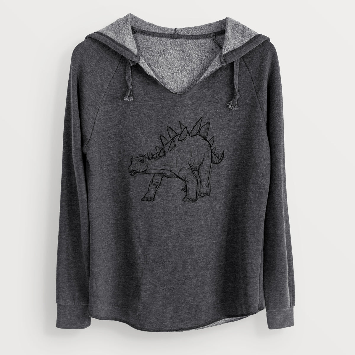 Charcoal grey women's Cali Wave hooded sweatshirt laid flat, printed with a black ink illustration of a Stegosaurus with plates along its back.