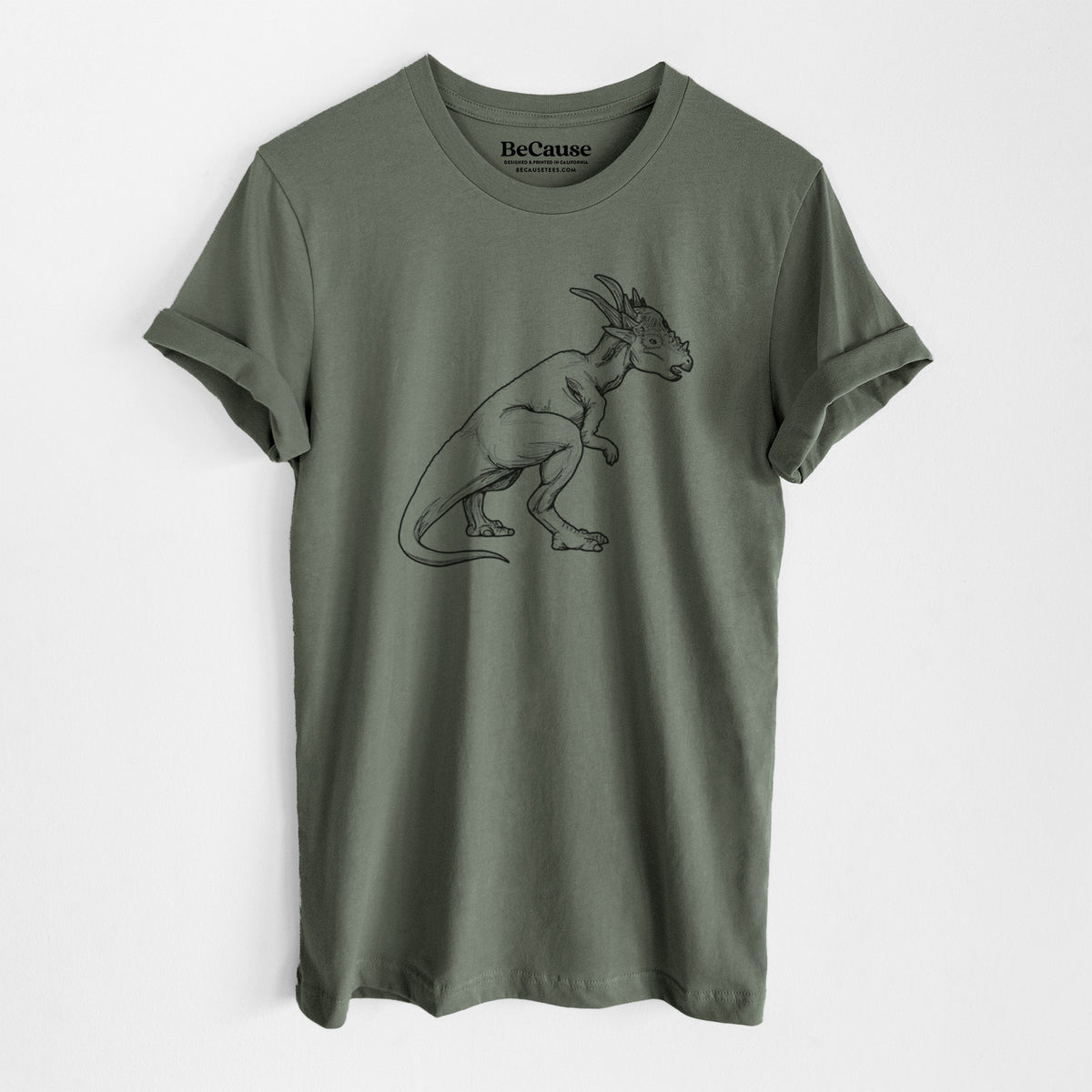 Military green lightweight cotton t-shirt laid flat, printed with a black ink illustration of a Stygimoloch dinosaur with a spiky domed head.