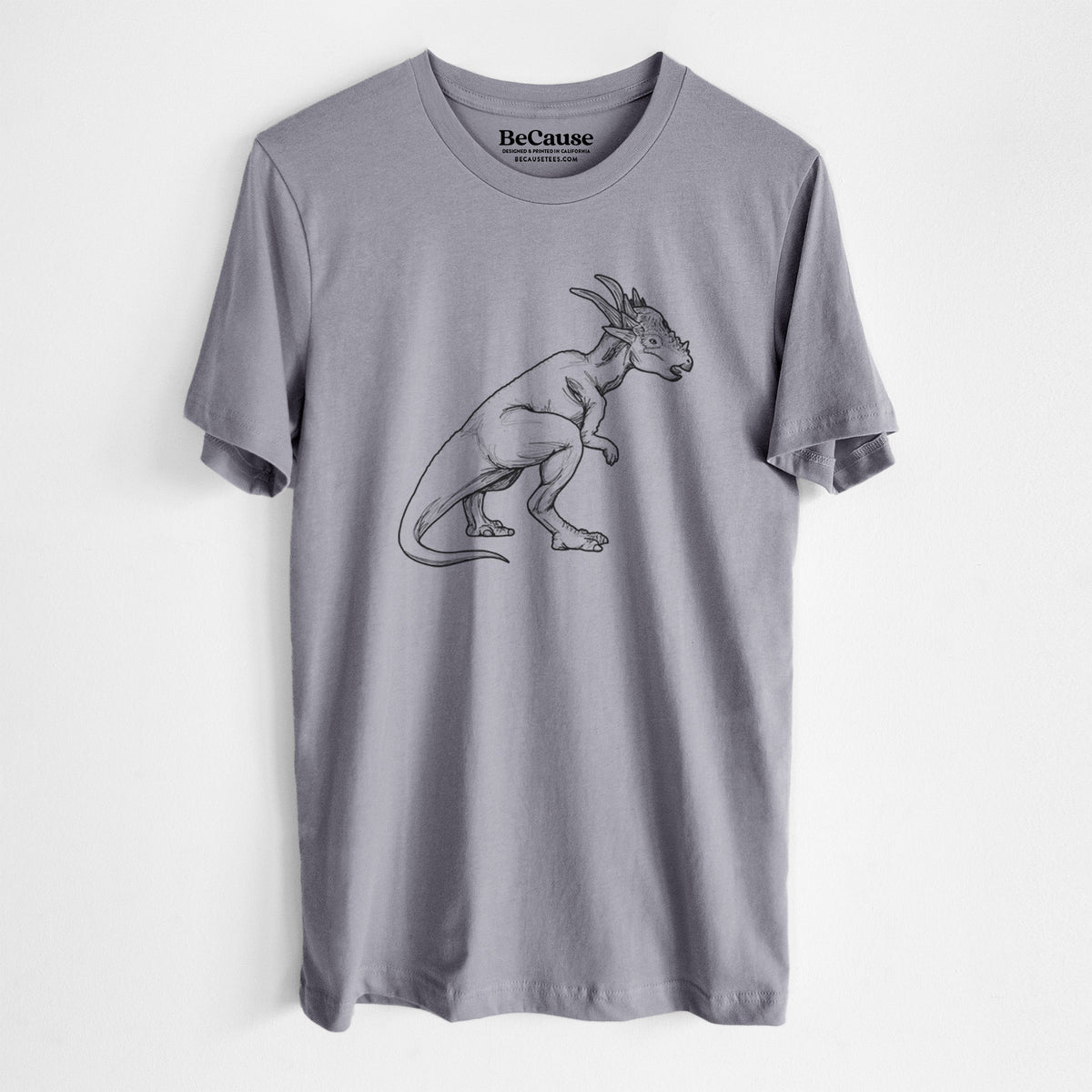 Storm grey lightweight cotton t-shirt laid flat, printed with a black ink illustration of a Stygimoloch dinosaur with a spiky domed head.