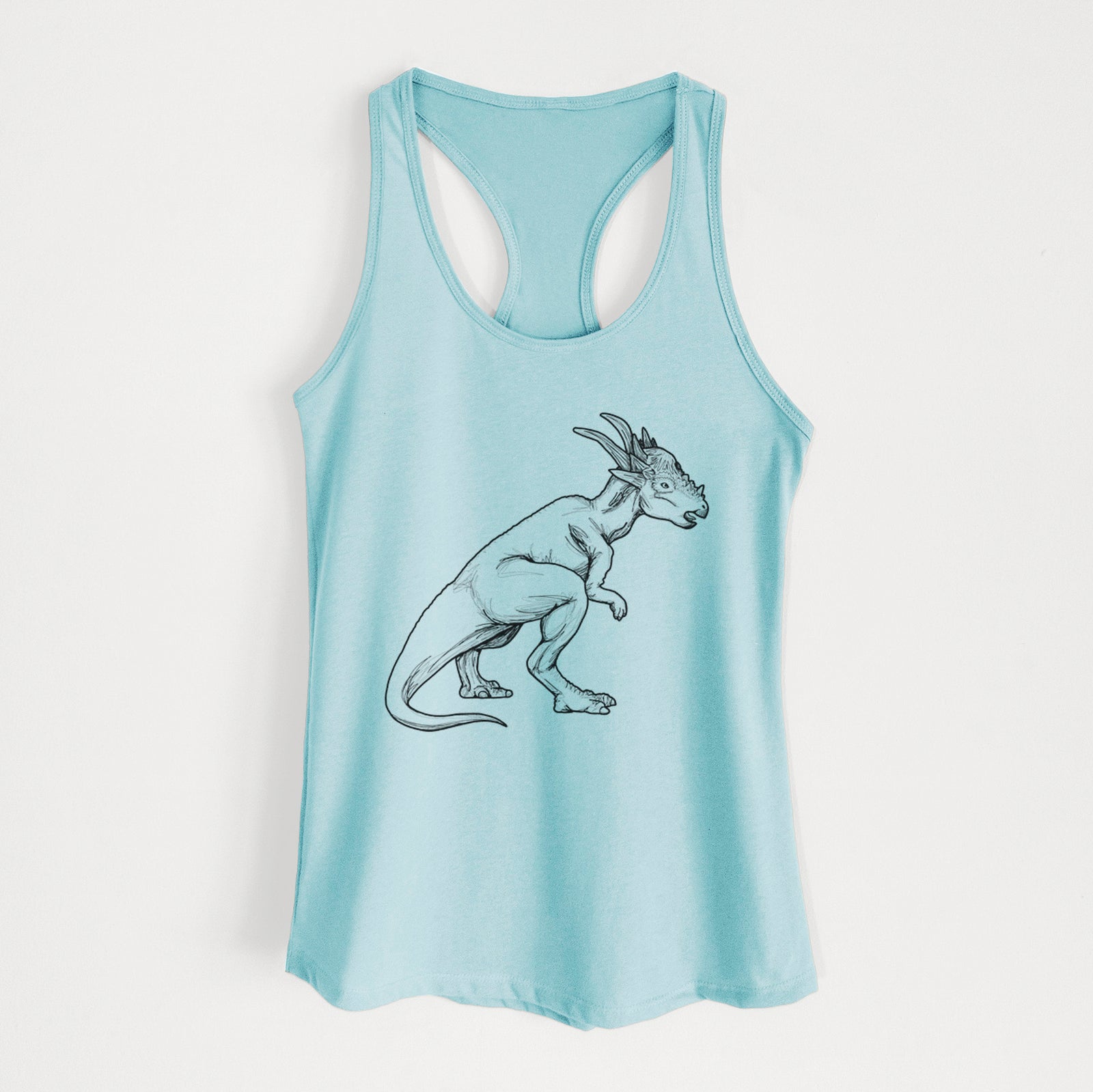 Banana cream women's racerback tank top laid flat, printed with a black ink illustration of a Stygimoloch dinosaur with a spiky domed head.