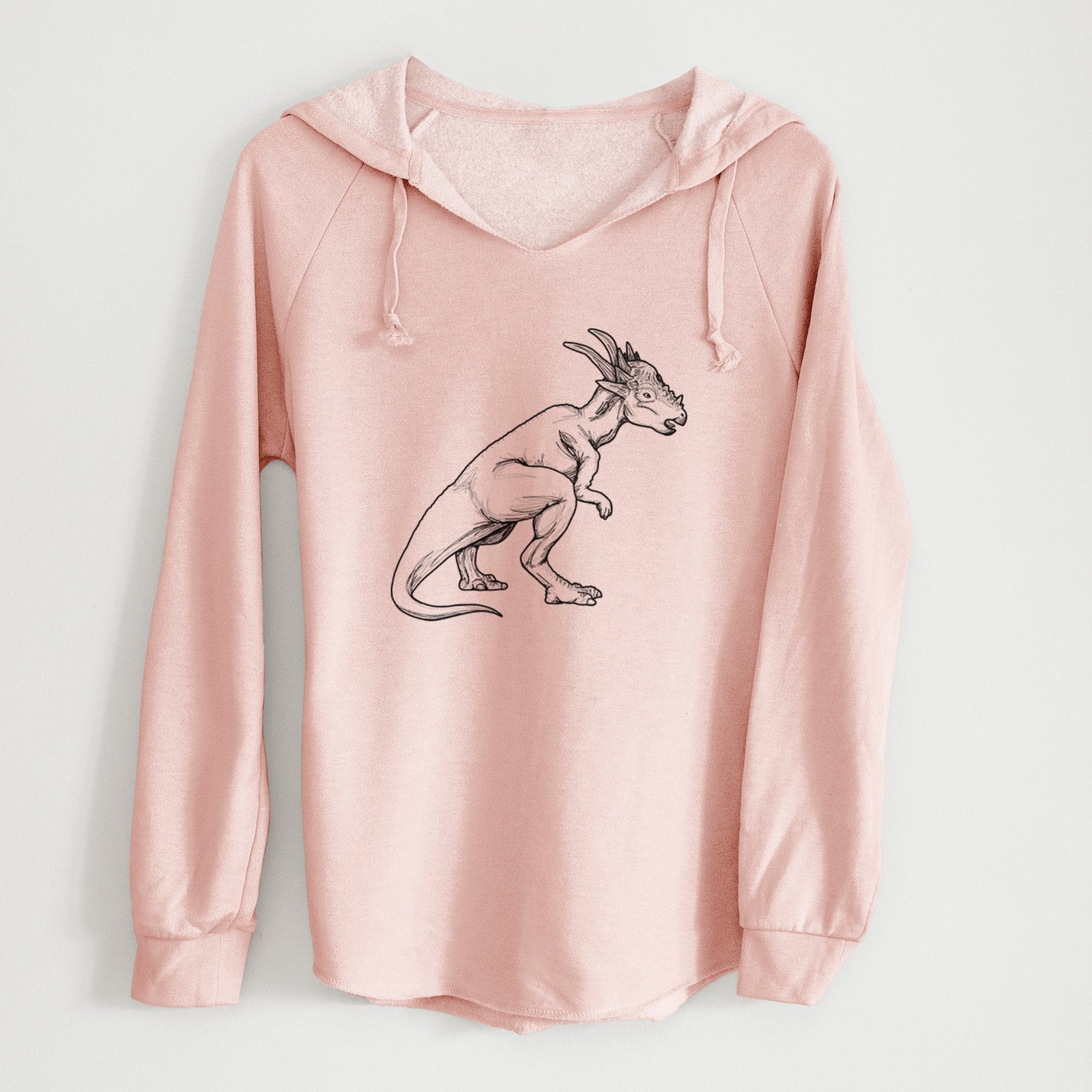 Sage green women's Cali Wave hooded sweatshirt laid flat, printed with a black ink illustration of a Stygimoloch dinosaur with a spiky domed head.