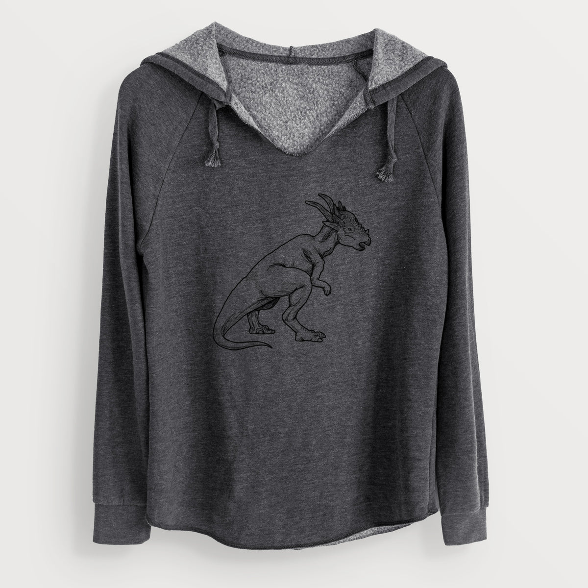 Charcoal grey women's Cali Wave hooded sweatshirt laid flat, printed with a black ink illustration of a Stygimoloch dinosaur with a spiky domed head.