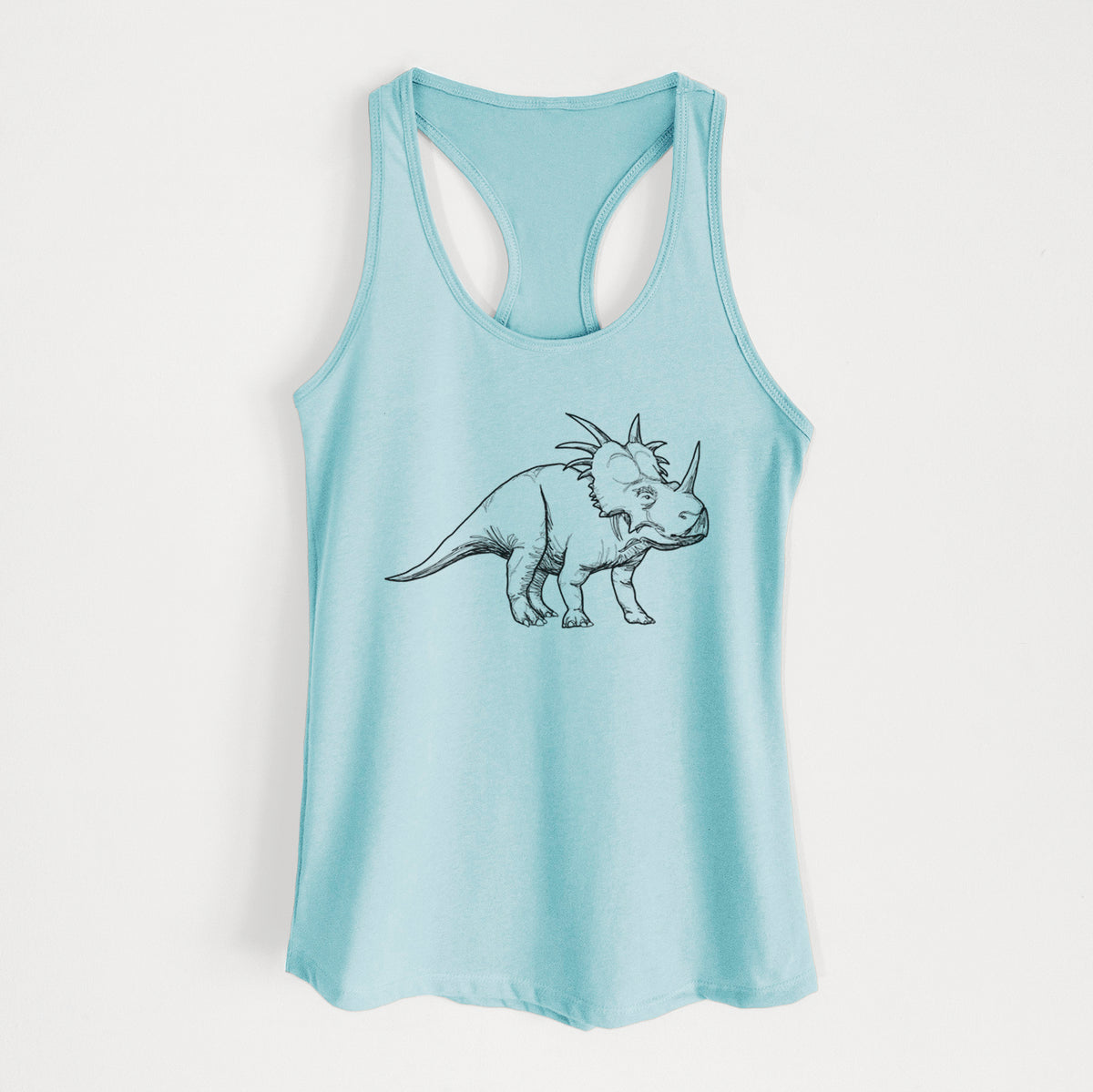 Cancun blue women's racerback tank top laid flat, printed with a black ink illustration of a Styracosaurus with its spiked frill.