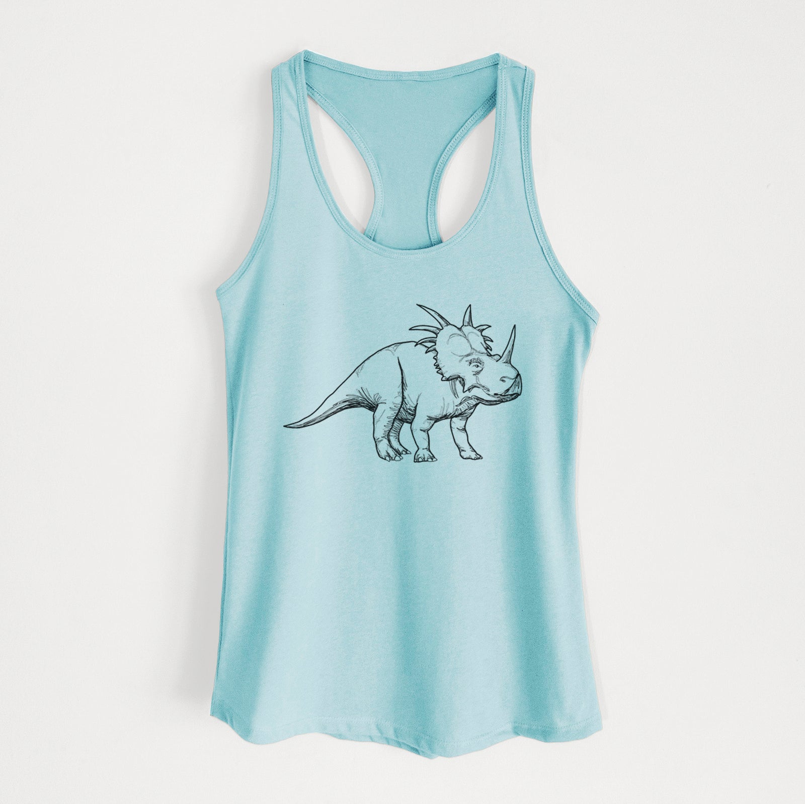 Banana cream women's racerback tank top laid flat, printed with a black ink illustration of a Styracosaurus with its spiked frill.