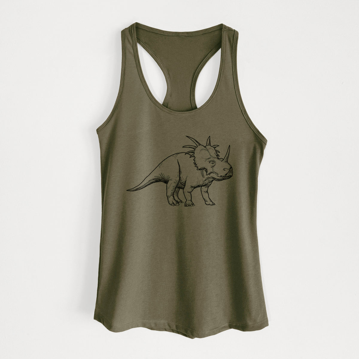 Military green women's racerback tank top laid flat, printed with a black ink illustration of a Styracosaurus with its spiked frill.