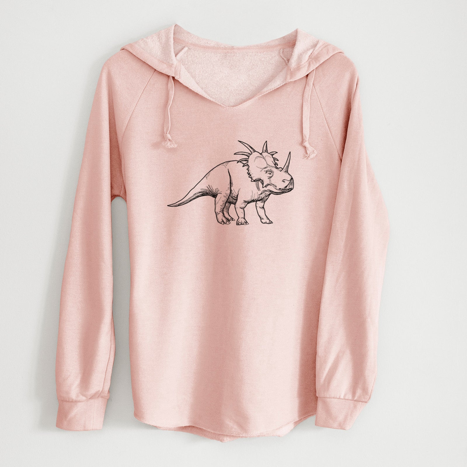 Sage green women's Cali Wave hooded sweatshirt laid flat, printed with a black ink illustration of a Styracosaurus with its spiked frill.