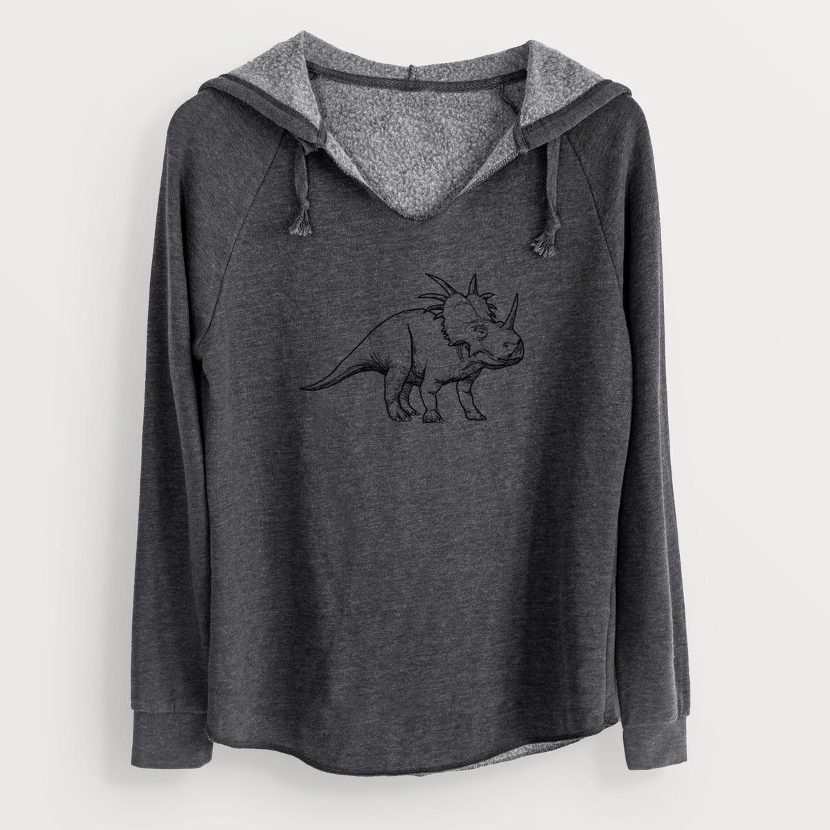 Charcoal grey women's Cali Wave hooded sweatshirt laid flat, printed with a black ink illustration of a Styracosaurus with its spiked frill.