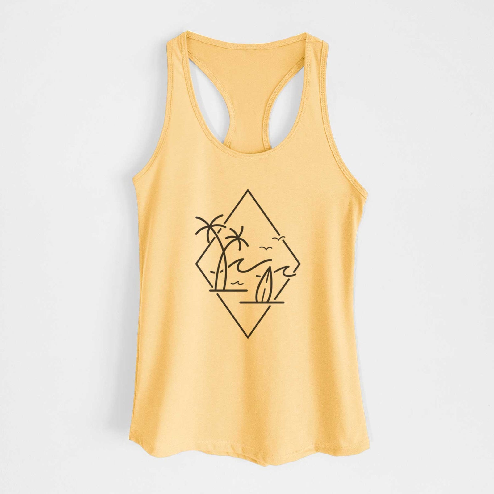 Banana cream women's racerback tank top laid flat, printed with black line art of palm trees, ocean waves, birds and a surfboard inside a diamond outline.