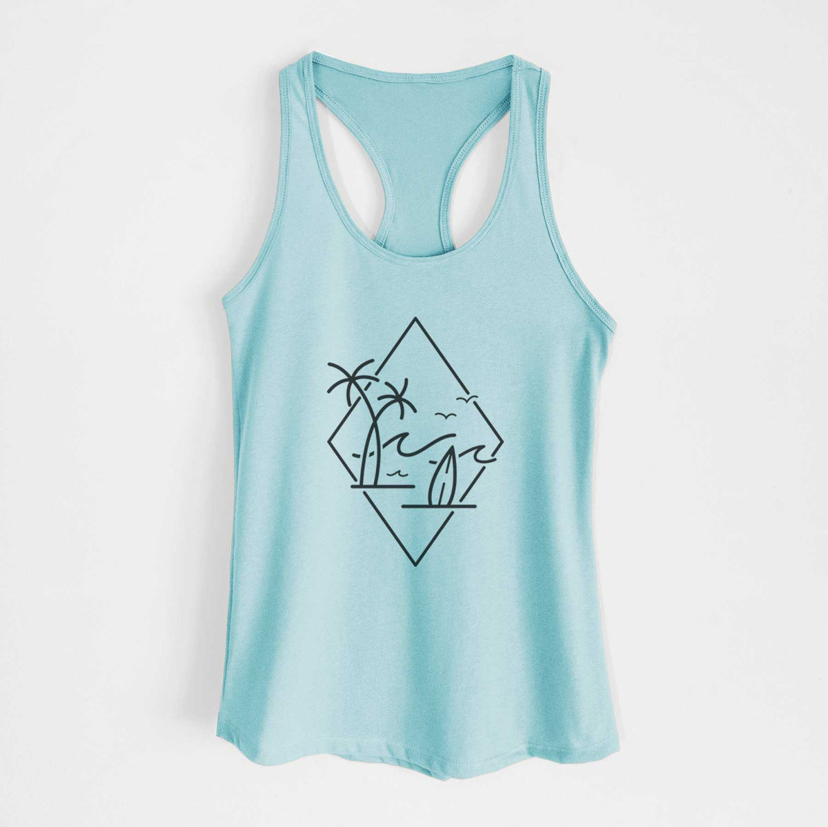Cancun blue women's racerback tank top laid flat, printed with black line art of palm trees, ocean waves, birds and a surfboard inside a diamond outline.