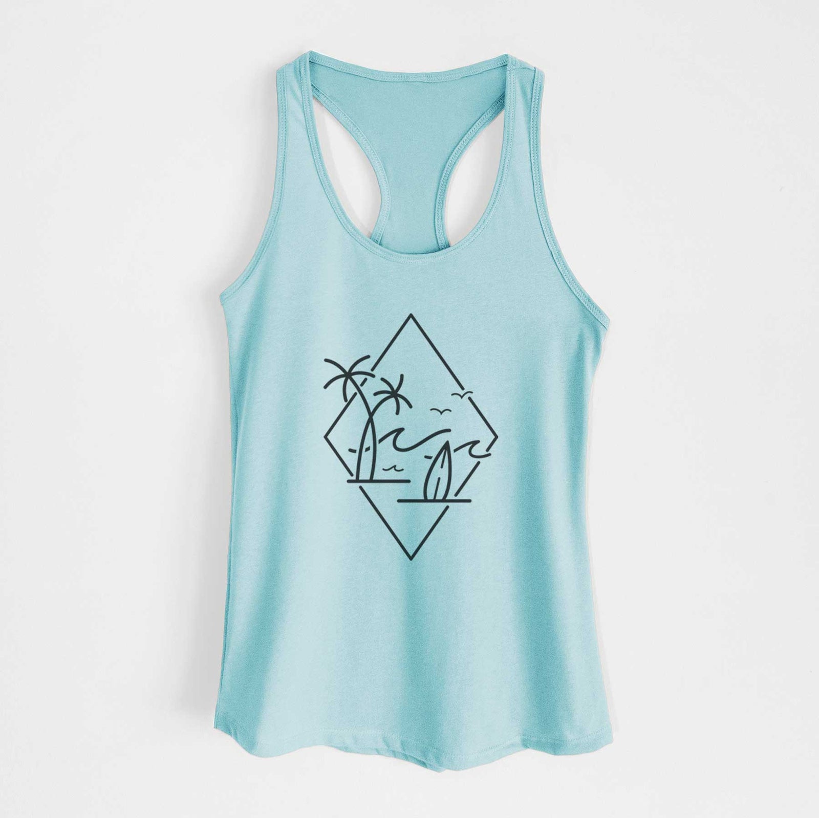 Banana cream women's racerback tank top laid flat, printed with black line art of palm trees, ocean waves, birds and a surfboard inside a diamond outline.