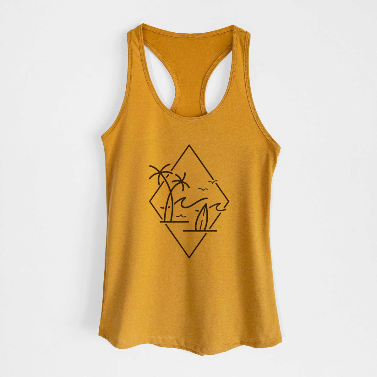 Gold women's racerback tank top laid flat, printed with black line art of palm trees, ocean waves, birds and a surfboard inside a diamond outline.