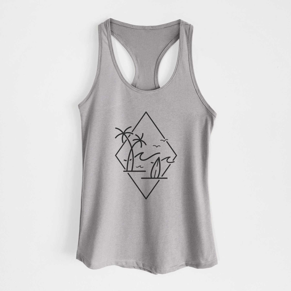 Heather grey women's racerback tank top laid flat, printed with black line art of palm trees, ocean waves, birds and a surfboard inside a diamond outline.