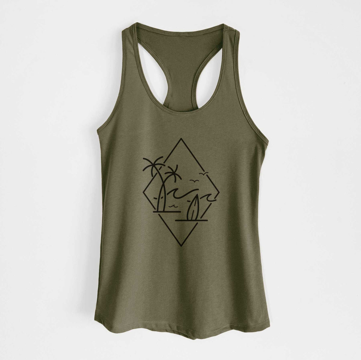 Military green women's racerback tank top laid flat, printed with black line art of palm trees, ocean waves, birds and a surfboard inside a diamond outline.