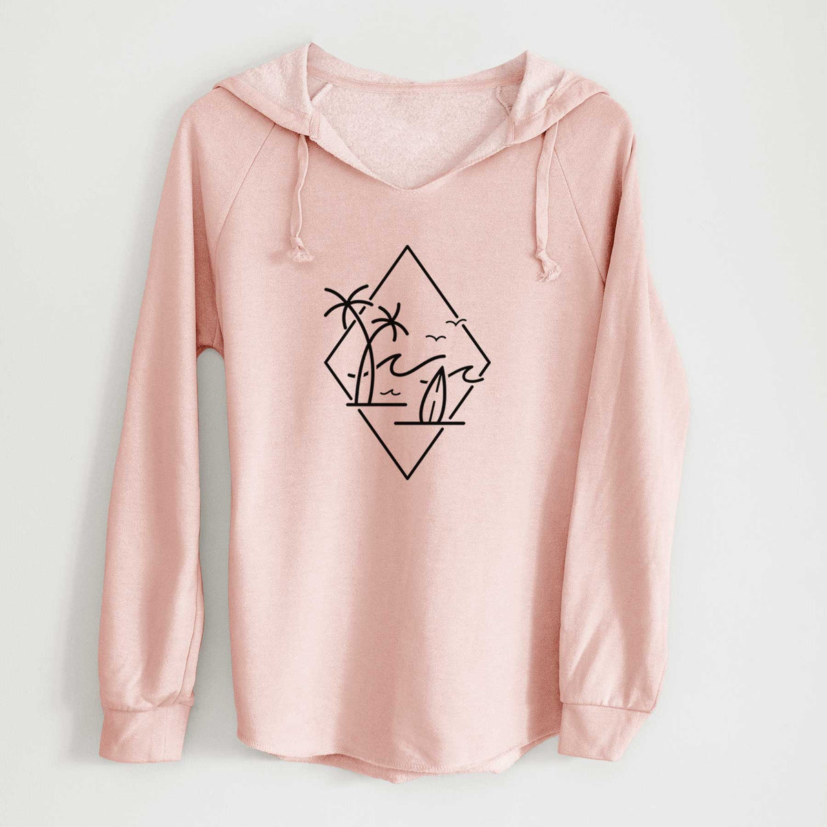 Blush pink women's Cali Wave hooded sweatshirt laid flat, printed with black line art of palm trees, ocean waves, birds and a surfboard inside a diamond outline.