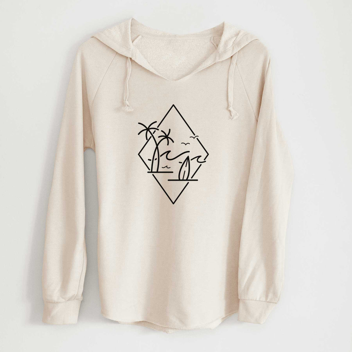 Bone cream women's Cali Wave hooded sweatshirt laid flat, printed with black line art of palm trees, ocean waves, birds and a surfboard inside a diamond outline.