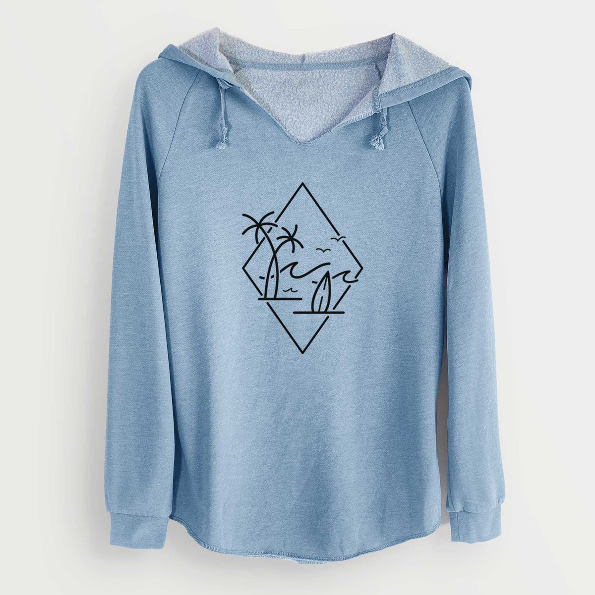 Misty blue women's Cali Wave hooded sweatshirt laid flat, printed with black line art of palm trees, ocean waves, birds and a surfboard inside a diamond outline.