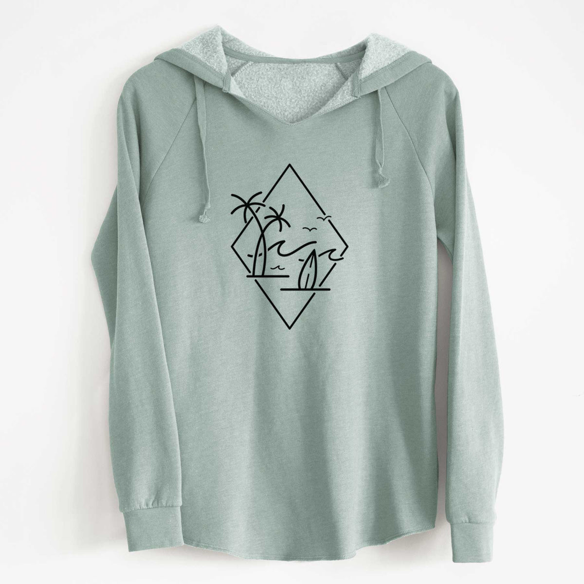 Sage green women's Cali Wave hooded sweatshirt laid flat, printed with black line art of palm trees, ocean waves, birds and a surfboard inside a diamond outline.
