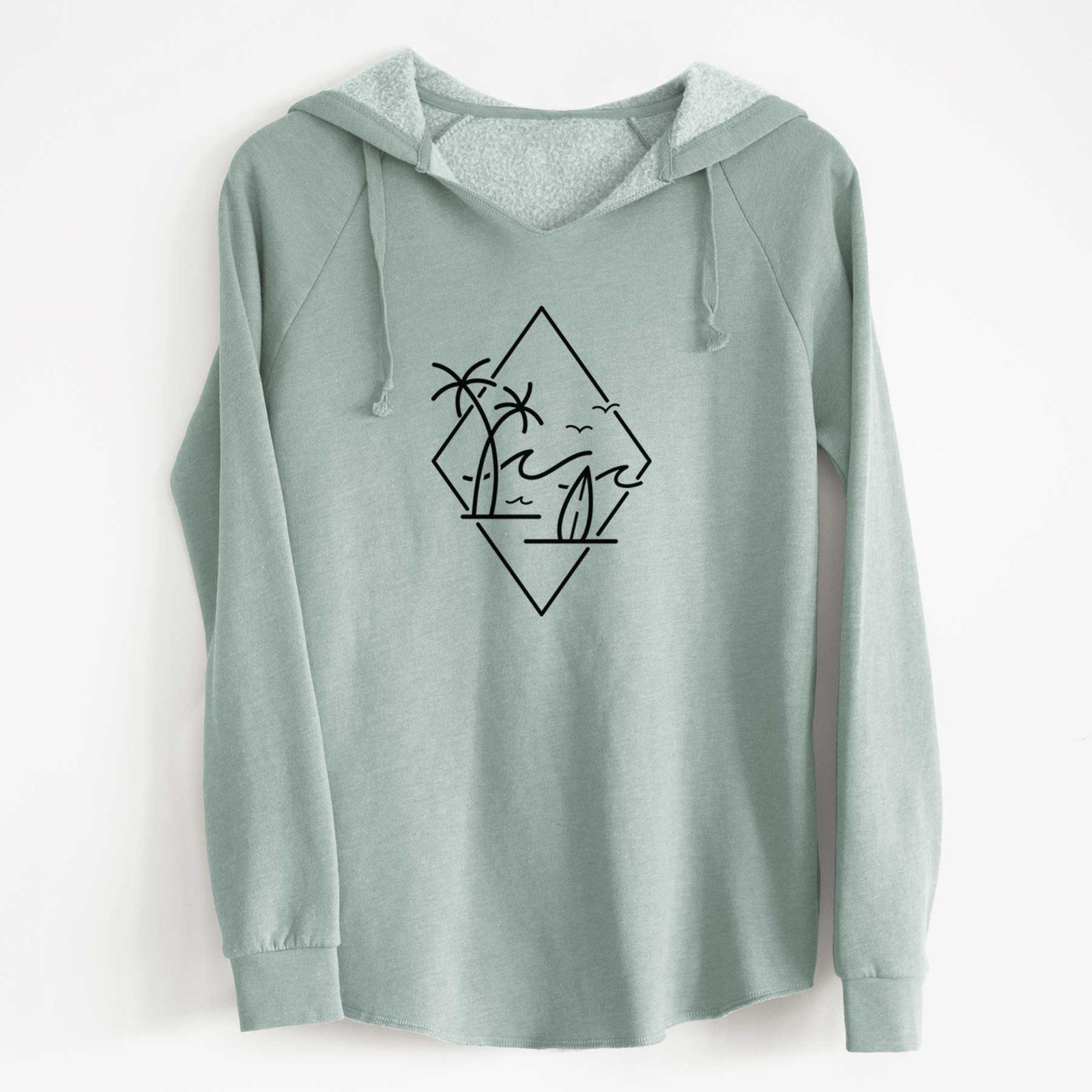Dusty rose women's Cali Wave hooded sweatshirt laid flat, printed with black line art of palm trees, ocean waves, birds and a surfboard inside a diamond outline.
