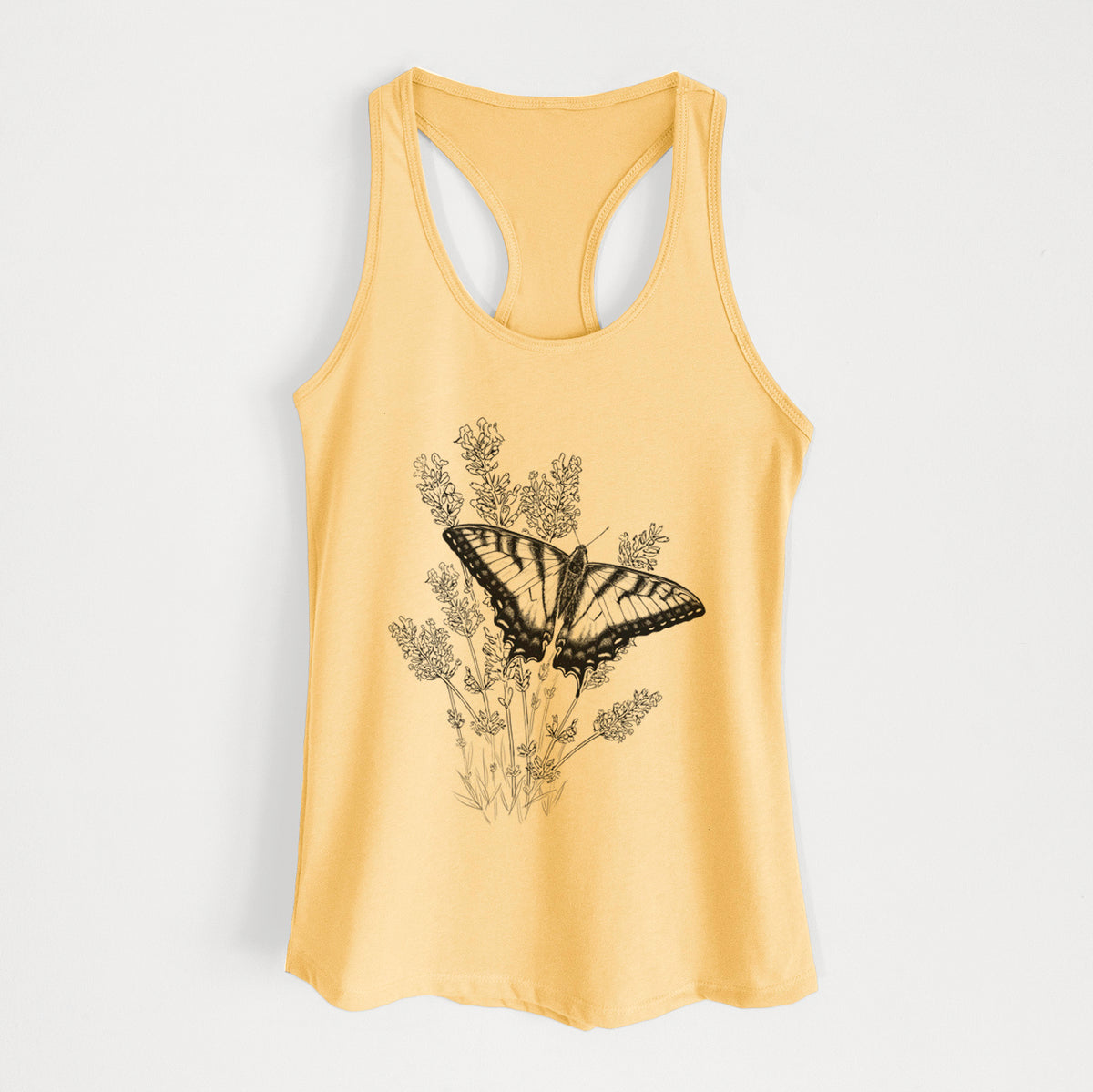Banana cream women's racerback tank top laid flat, printed with a black ink illustration of a swallowtail butterfly resting on lavender.