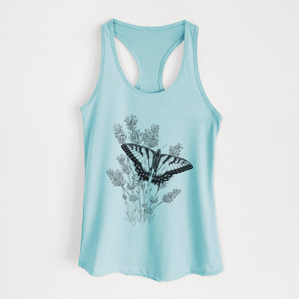 Cancun blue women's racerback tank top laid flat, printed with a black ink illustration of a swallowtail butterfly resting on lavender.