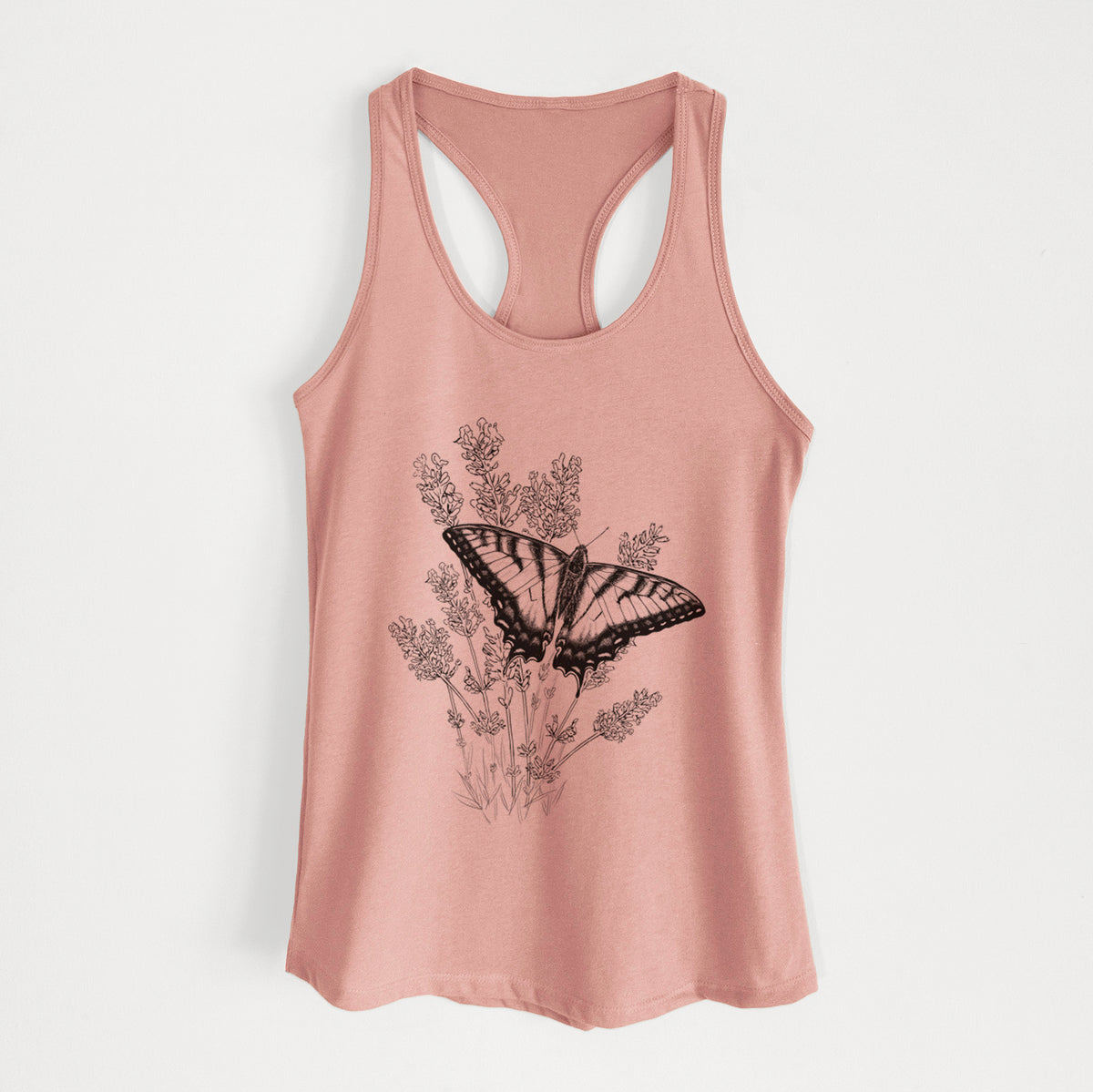 Desert pink women's racerback tank top laid flat, printed with a black ink illustration of a swallowtail butterfly resting on lavender.