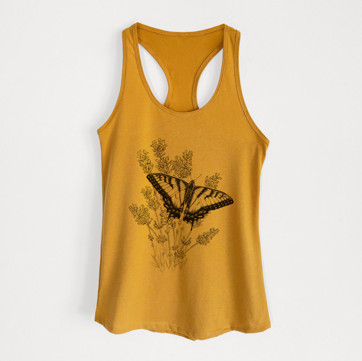 Gold women's racerback tank top laid flat, printed with a black ink illustration of a swallowtail butterfly resting on lavender.
