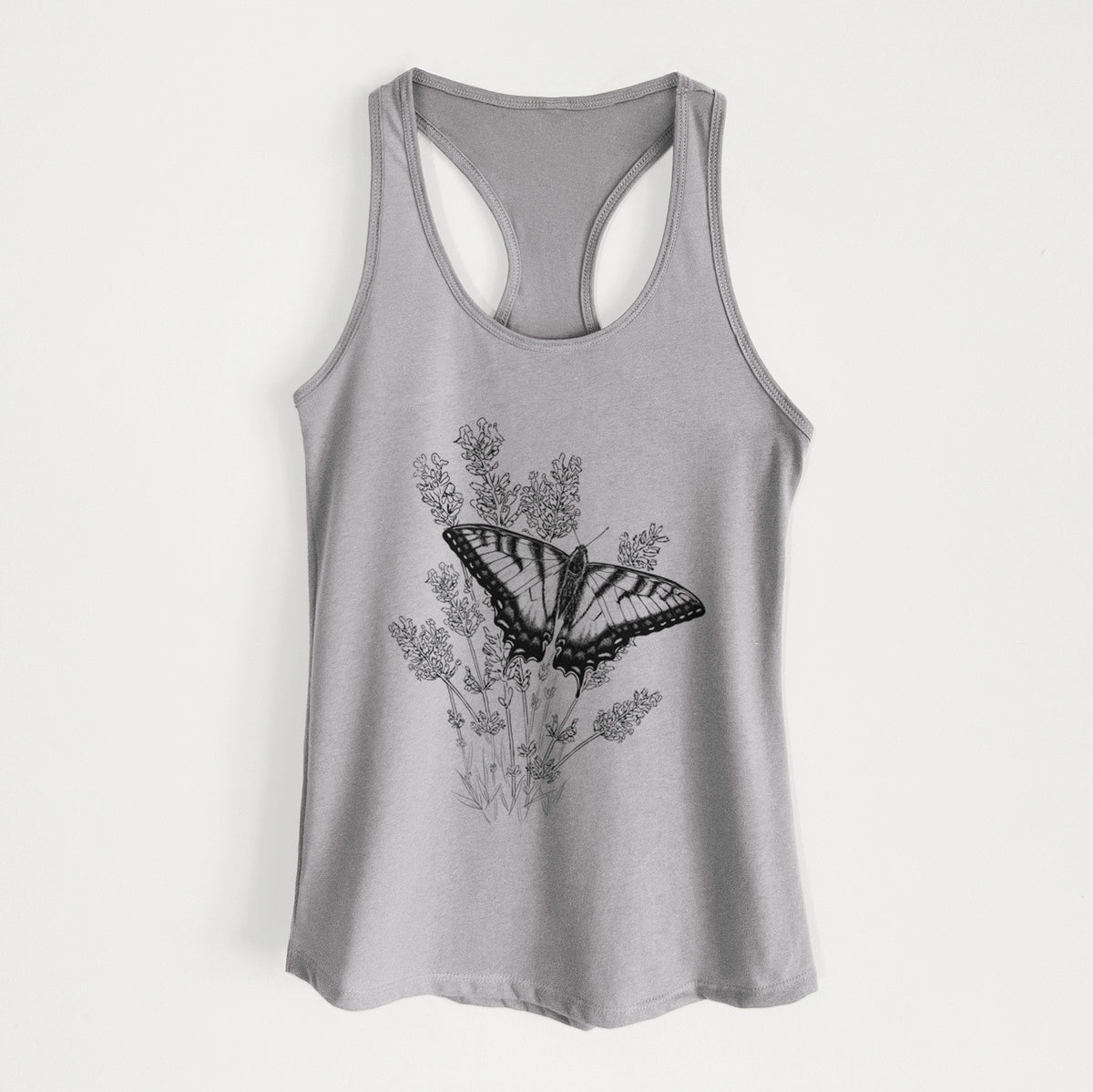 Heather grey women's racerback tank top laid flat, printed with a black ink illustration of a swallowtail butterfly resting on lavender.