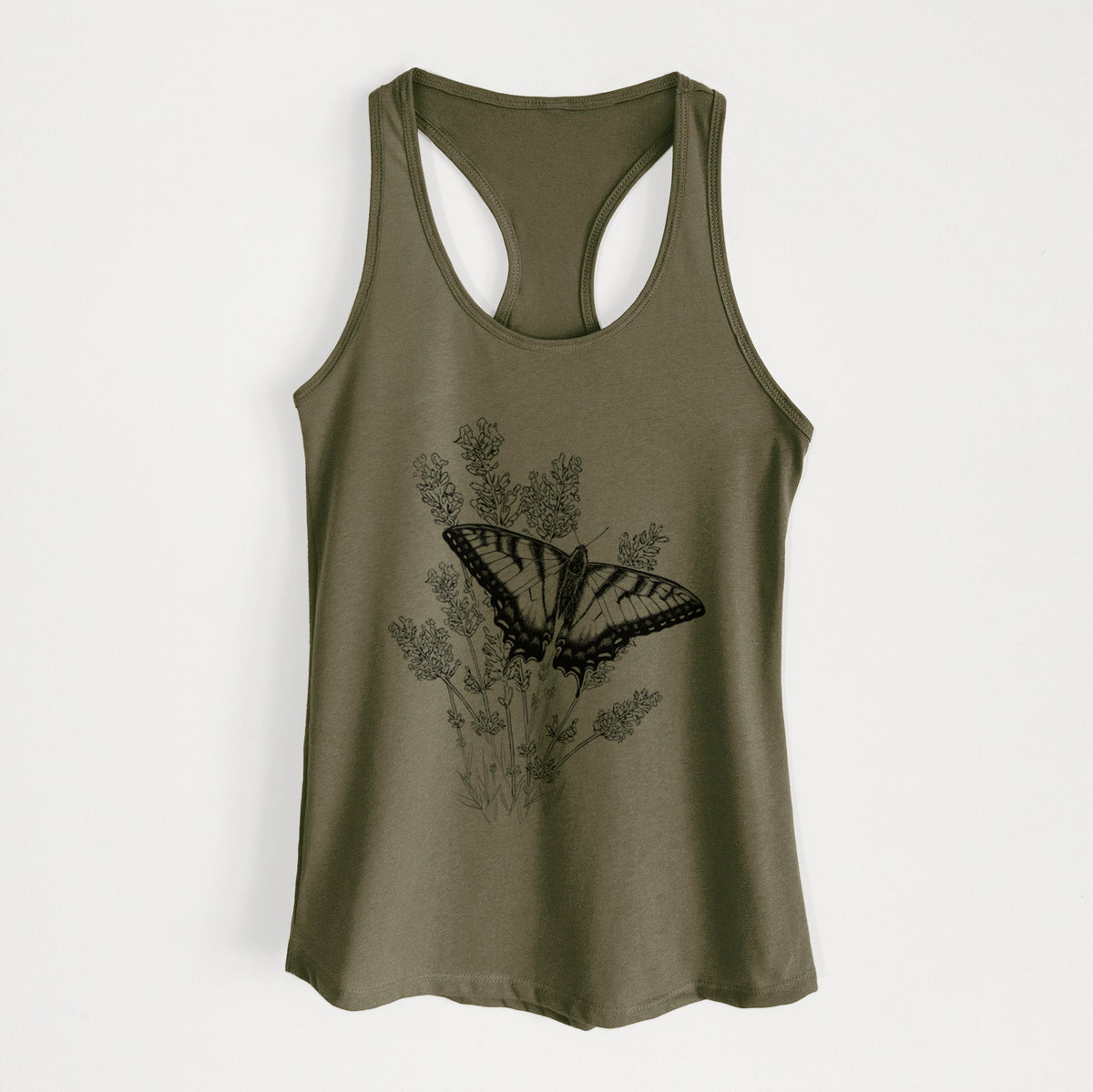 Military green women's racerback tank top laid flat, printed with a black ink illustration of a swallowtail butterfly resting on lavender.
