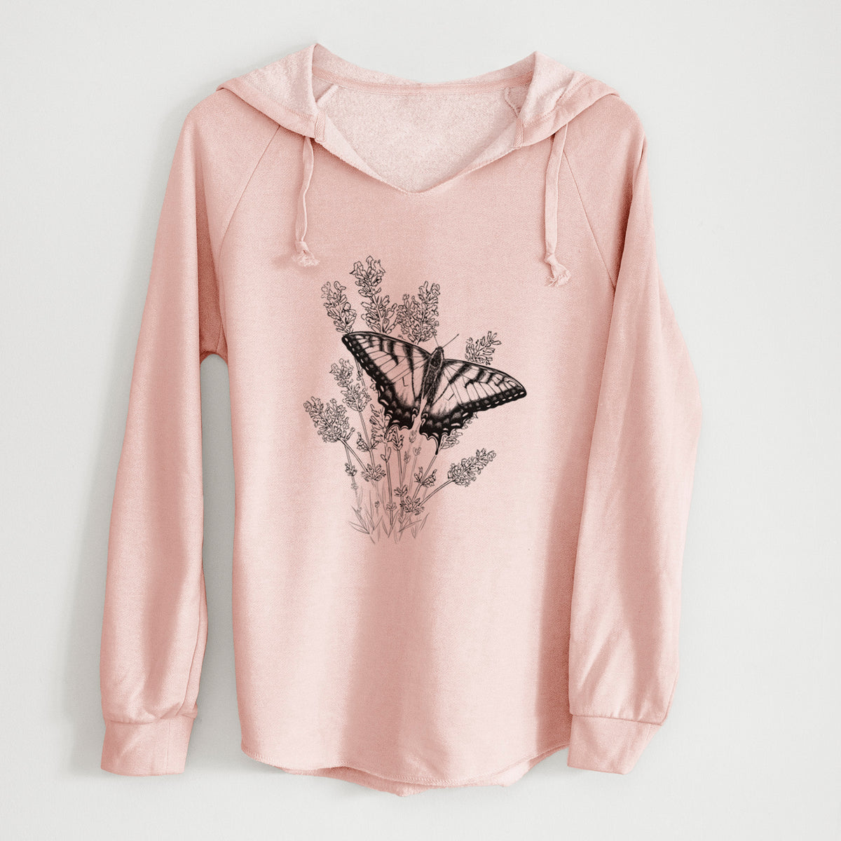 Blush pink women's Cali Wave hooded sweatshirt laid flat, printed with a black ink illustration of a swallowtail butterfly resting on lavender.