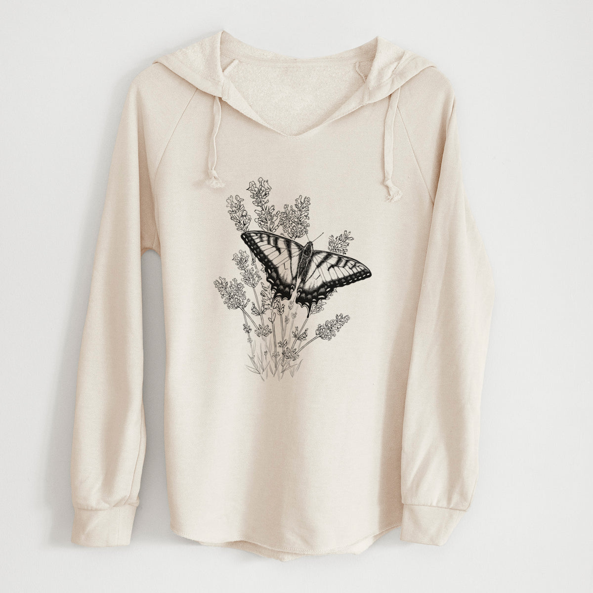 Bone cream women's Cali Wave hooded sweatshirt laid flat, printed with a black ink illustration of a swallowtail butterfly resting on lavender.