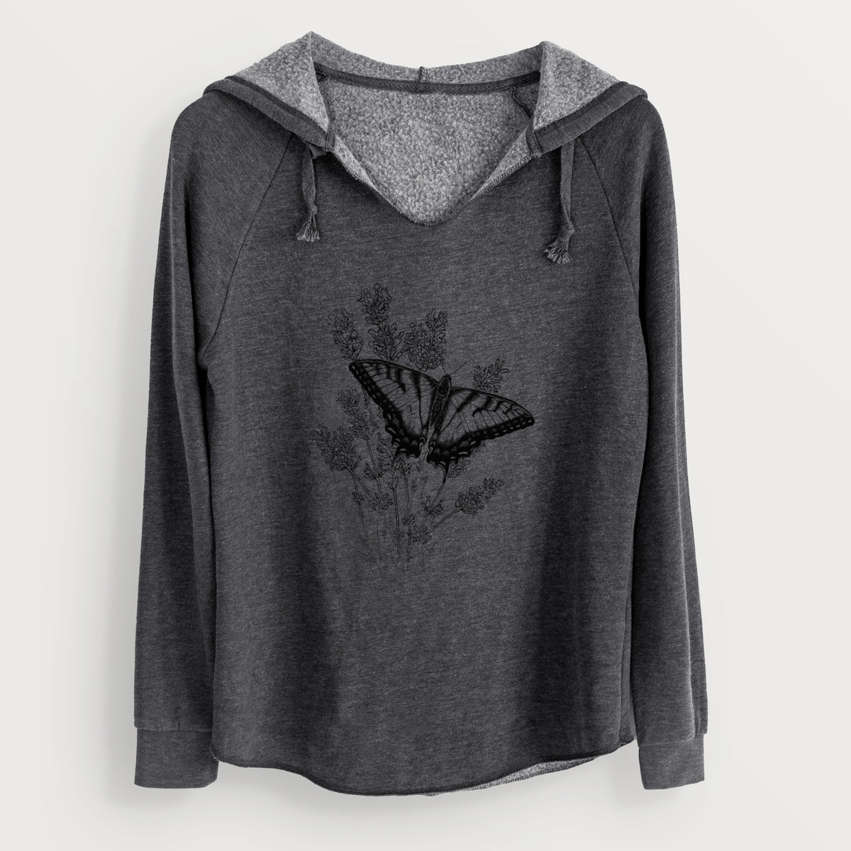 Charcoal grey women's Cali Wave hooded sweatshirt laid flat, printed with a black ink illustration of a swallowtail butterfly resting on lavender.