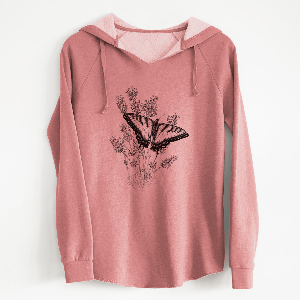 Dusty rose women's Cali Wave hooded sweatshirt laid flat, printed with a black ink illustration of a swallowtail butterfly resting on lavender.