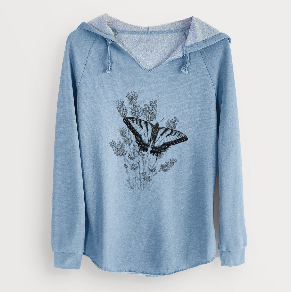 Misty blue women's Cali Wave hooded sweatshirt laid flat, printed with a black ink illustration of a swallowtail butterfly resting on lavender.