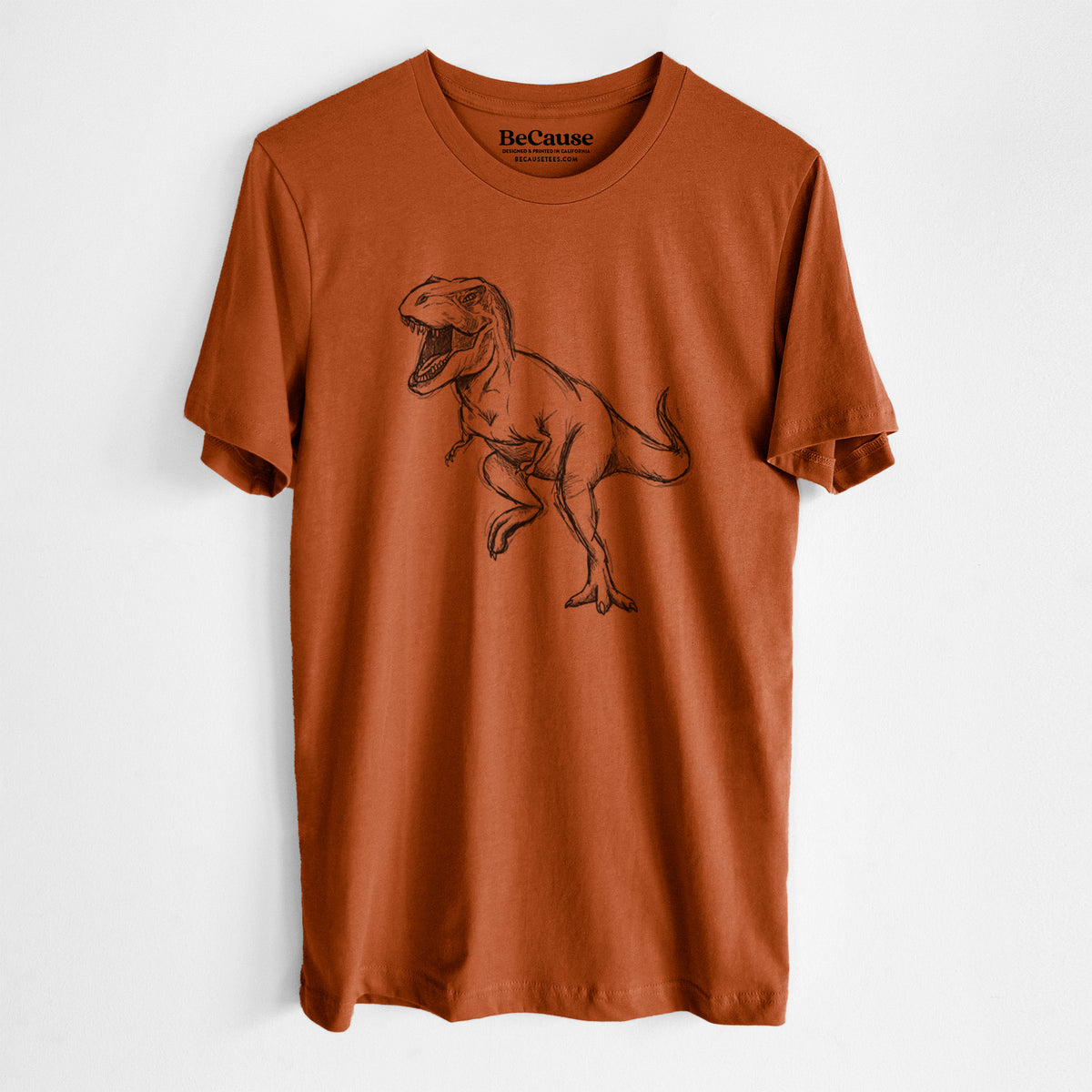Autumn lightweight cotton t-shirt laid flat, printed with a black ink illustration of a Tyrannosaurus rex roaring.