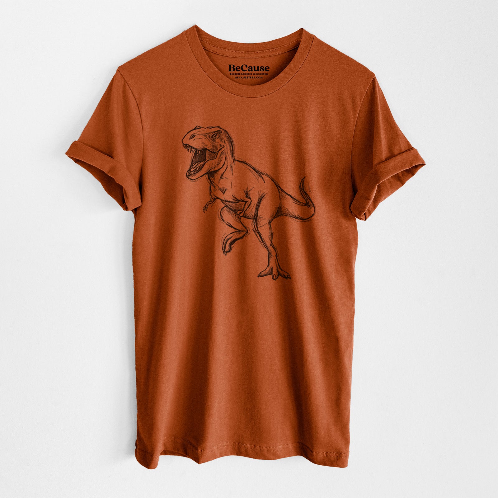 Autumn lightweight cotton t-shirt laid flat, printed with a black ink illustration of a Tyrannosaurus rex roaring.